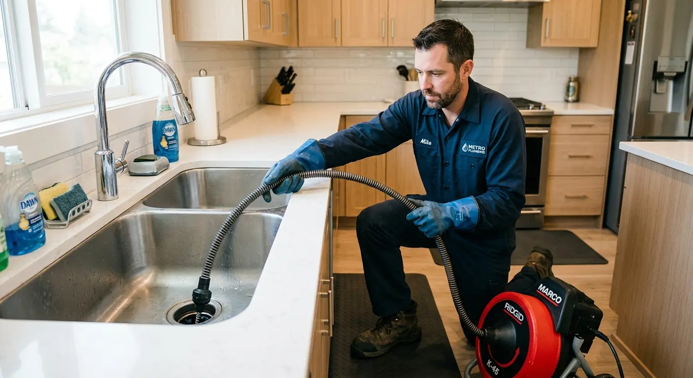 Drain cleaning technician using a motorized snake on a kitchen sink in Pukalani