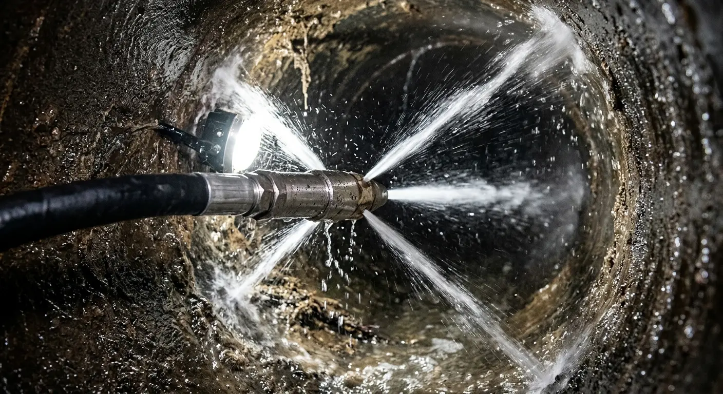 High-pressure hydro jetting nozzle cleaning sewer pipe for Trenchless Sewer Repair in Pukalani