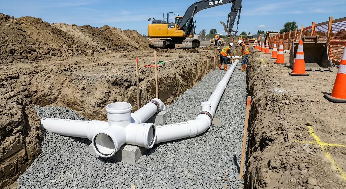 New PVC sewer pipe installation in open trench for Sewer Backup in Pukalani