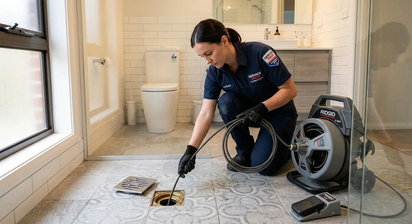Technician clearing a bathroom floor drain for Sewer Line Replacement in Pukalani